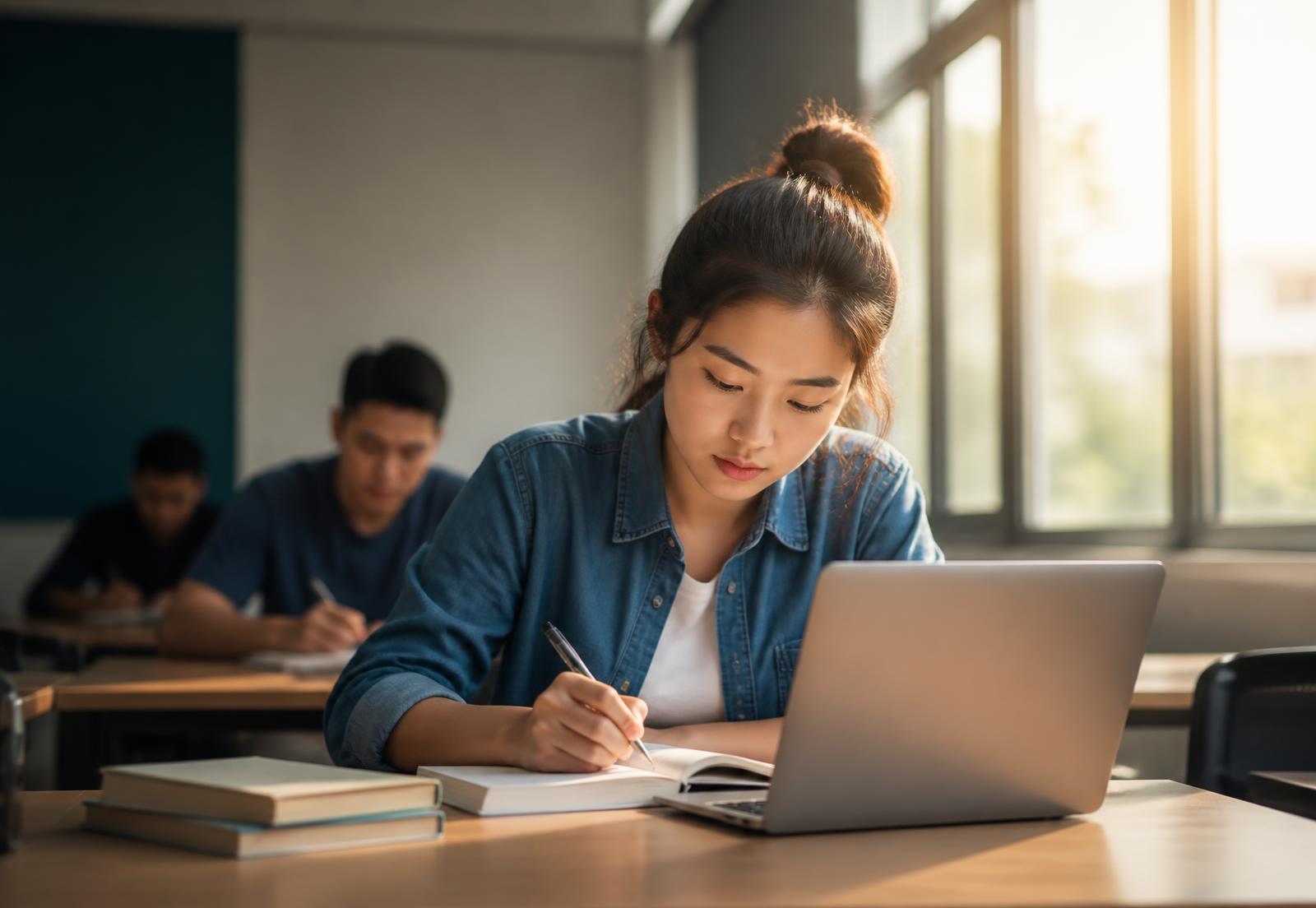 A student studying English with a notebook and laptop in a bright classroom